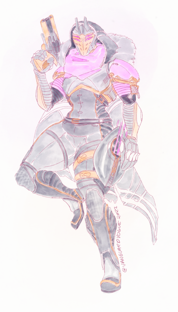 A digitally drawn image of a Hunter wearing intricate grey and purple armor with gold details.