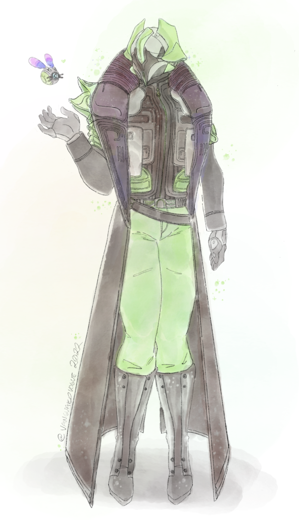 A digitally drawn image of a Warlock in a long black trenchcoat.
