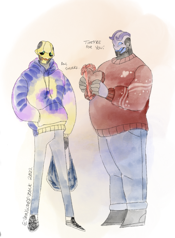 Two unnamed Exos - the larger purple Exo with a sweater is giving the other - a slender yellow Exo in a tie-dye hoodie - a heart-shaped box.