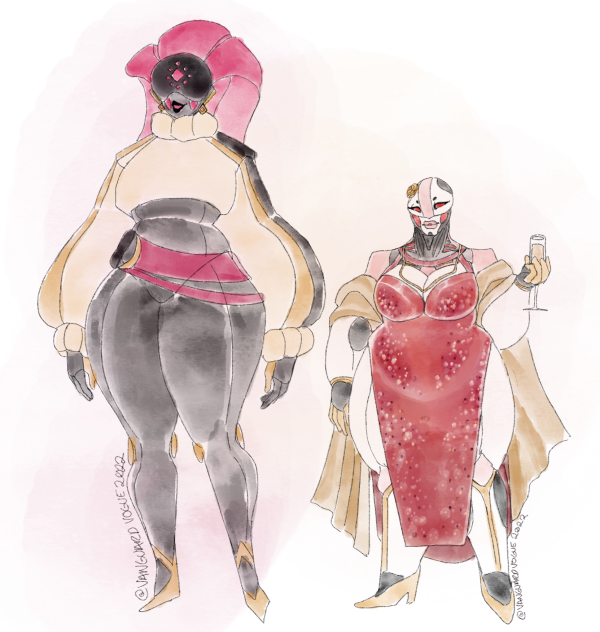 Art of Vogue-1 - a tall Exo woman with a black bodysuit and cropped sweater with gold and black lines on the sides, with Peach-6, a curvy Exo wearing a sparkly red dress with a gold shawl.