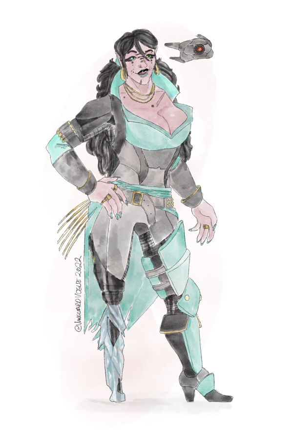 A digitally drawn image of Nadia, an Awoken woman wearing black and blue-green armor.