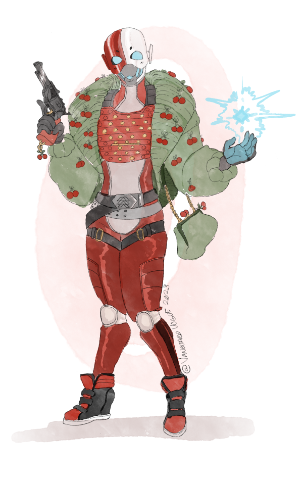 A digitally drawn image of Ivi-6, an Exo Hunter, in red leather armor and a puffy green sweater with cherries on it.