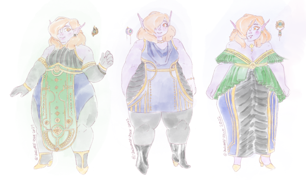 Art of Phoebe in three different Revelry-themed outfits.