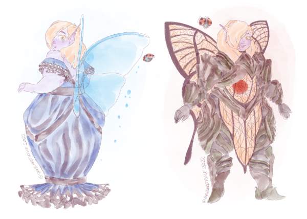 Phoebe wearing a fairy themed dress and armor, with Cami looking in awe.