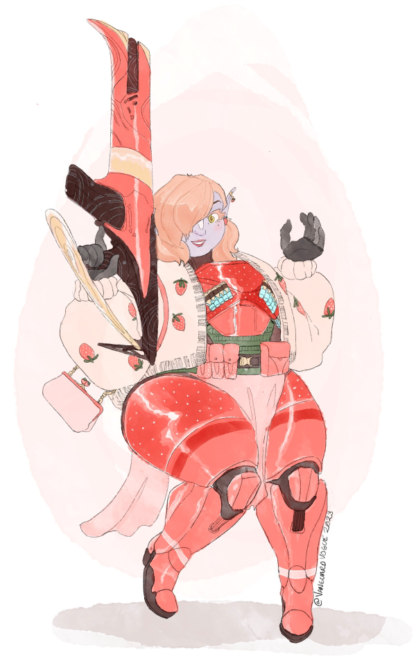 Art of Phoebe dressed in strawberry themed armor.