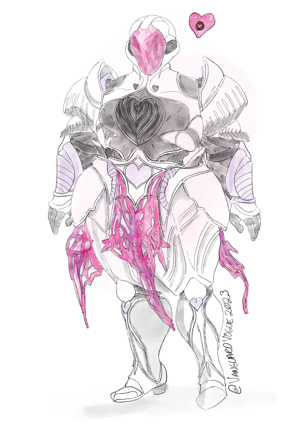 Art of Phoebe dressed in intricate white, grey, and purple armor. A web of glowing pink strands hangs from her belt. Her helmet has a pink crystal mask. Her Ghost Agatha dons a pink heart shaped shell.