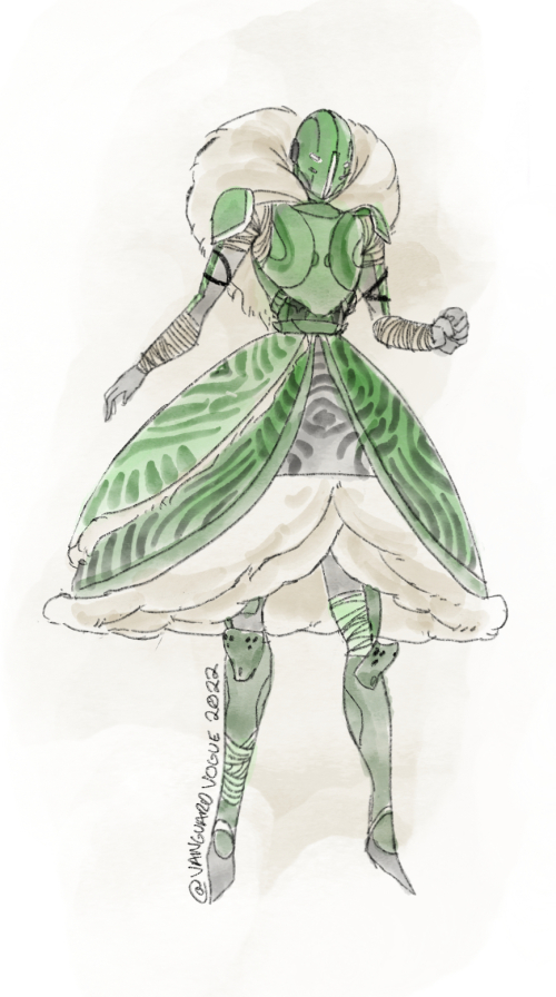 Art of a Titan Guardian in a Lolita Guardian dress. They wear a black and green outfit with Eliksni motifs and a white fur collar and petticoat.