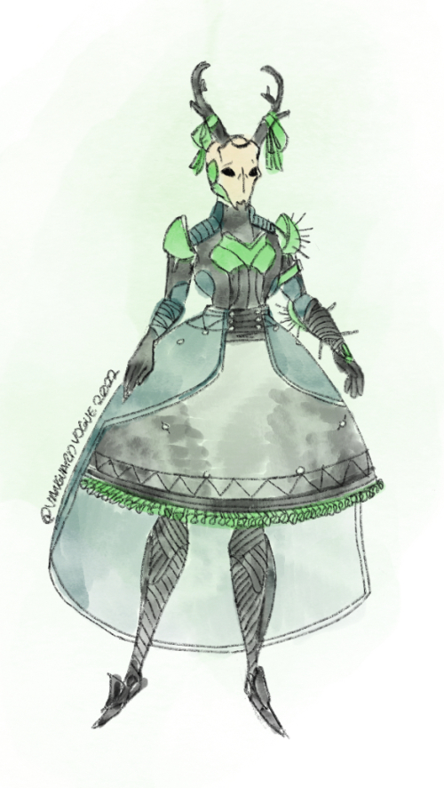 Art of a Warlock Guardian in a Lolita Guardian dress. They wear a black and green outfit with Eliksni motifs.