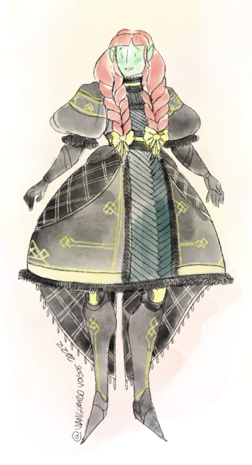 Art of Kelp in a Lolita Guardian dress. She wears a black outfit with green Saint-14 motifs, and two green bows at the ends of pink braided pigtails.