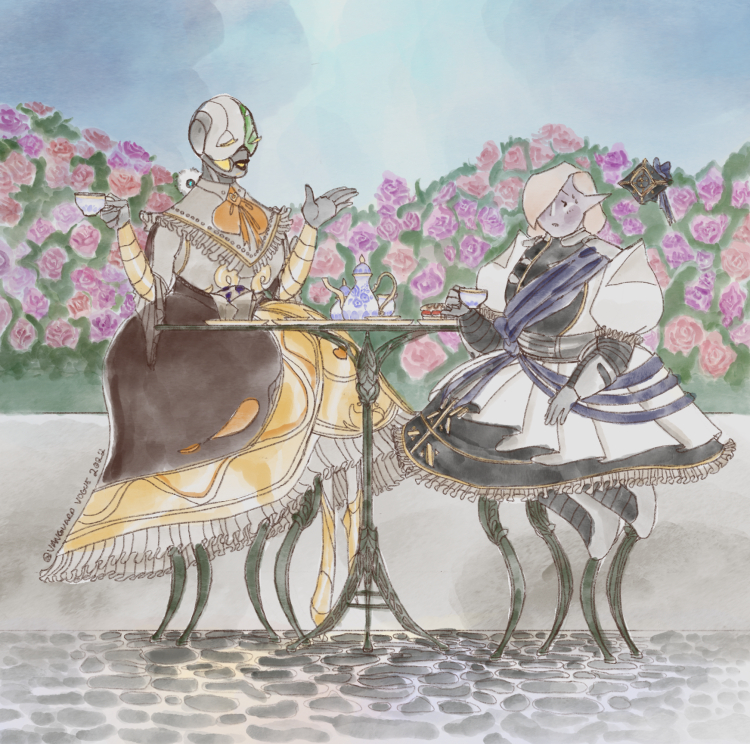 Art of Phoebe with my girlfriend's Guardian, Soda, both dressed in their Lolita Guardian dresses and having tea together in a rose garden. Phoebe has a worried expression on her face while Soda speaks, and Soda's Ghost hides behind her.