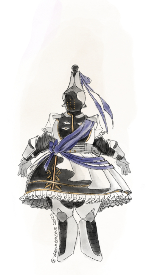 Art of Phoebe in her Lolita Guardian dress. She is wearing a white and black Warmind-inspired outfit, with gold motifs and a blue sash that ties into a ribbon on her side. Her helmet has a ribbon tied on the top of it.
