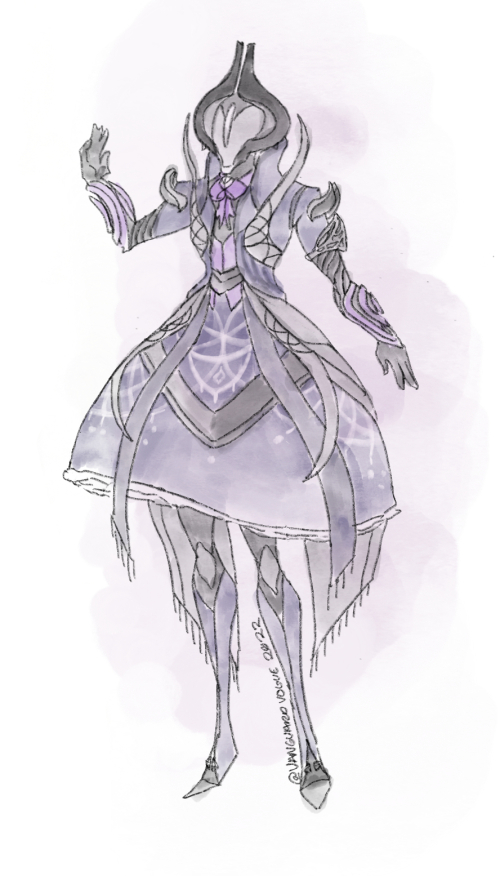 Art of a Warlock Guardian in a Lolita Guardian dress. They wear a purple outfit with purple and grey Dawning motifs.