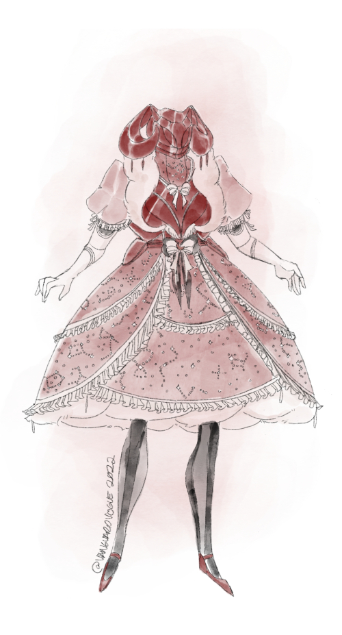 Art of a Titan Guardian in a Lolita Guardian dress. They wear a red breastplate, pink puffy short sleeves, and a frilly pink skirt with celestial constellation motifs.