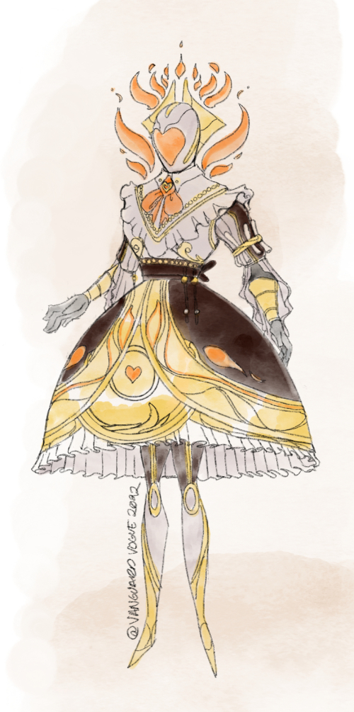 Art of Soda in a Lolita Guardian dress. She wears a white, gold, and dark brown dress with Solar Solstice of Heroes motifs. Flames encircle her helmet.