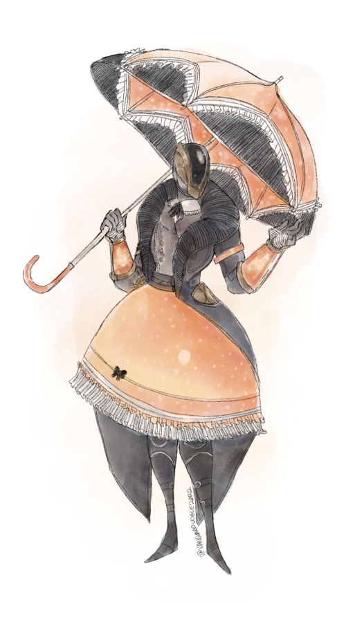 Art of a Warlock Guardian in a Lolita Guardian dress. They wear a black outfit with an orange skirt and gauntlets, and hold a bright orange parasol.