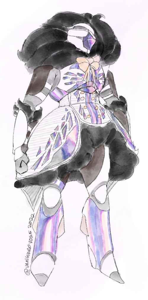 Art of a Titan Guardian in a Lolita Guardian Dress. They wear a white outfit with iridescent purple and pink Crucible detailing and black fur collar and petticoat.