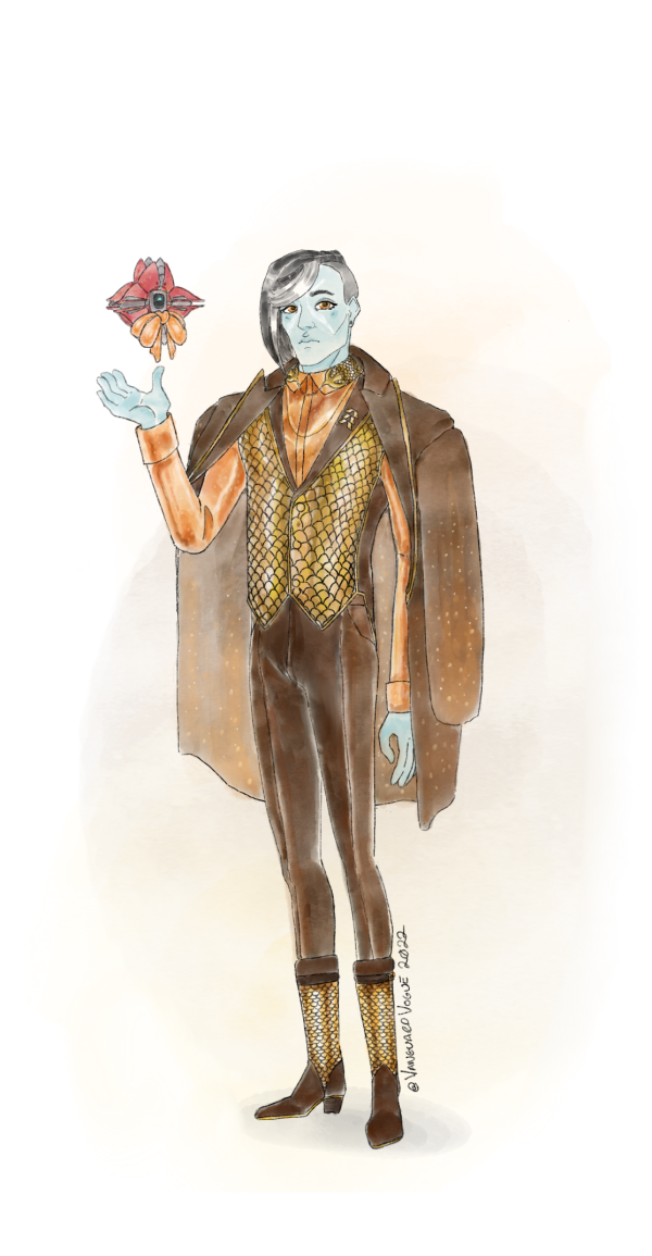 Artwork of Crow from Destiny 2 dressed in formalwear. He wears a brown suit with fiery motifs and gold trim with a shiny orange dress shirt. His Ghost Glint is beside him wearing a matching bow.