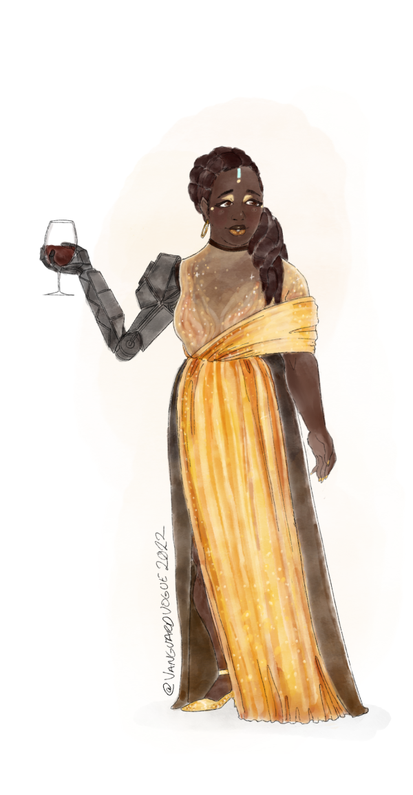 Artwork of Camrin Dumuzi from Destiny 2 dressed in formalwear. She wears a sparkling orange dress with fiery motifs. She holds a glass of wine using her prosthetic arm.