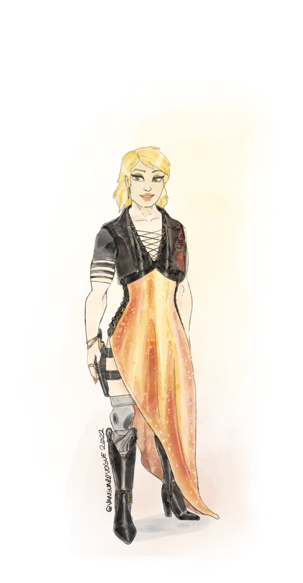 Artwork of Amanda Holliday from Destiny 2 dressed in formalwear. She wears a sparkling orange dress with western motifs and cowboy boots.