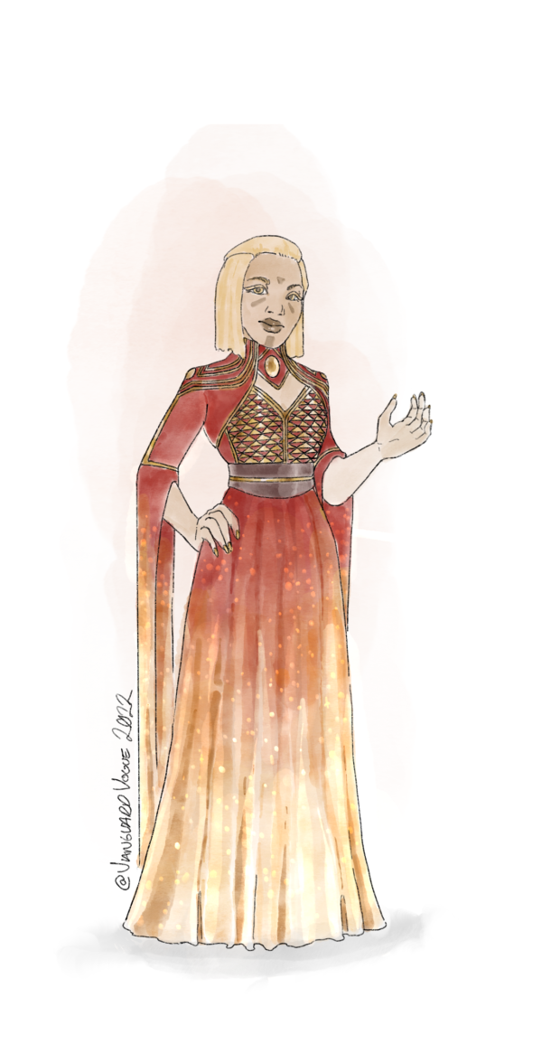 Artwork of a player Guardian, Lilith, from Destiny 2 dressed in formalwear. She wears a sparkling red dress with fiery motifs.