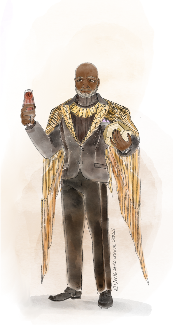 Artwork of Osiris from Destiny 2 dressed in formalwear. He wears a black suit with gold motifs, and a gold cape reminiscent of a Phoenix. He holds an alcoholic drink in one hand and an Exotic engram in the other.
