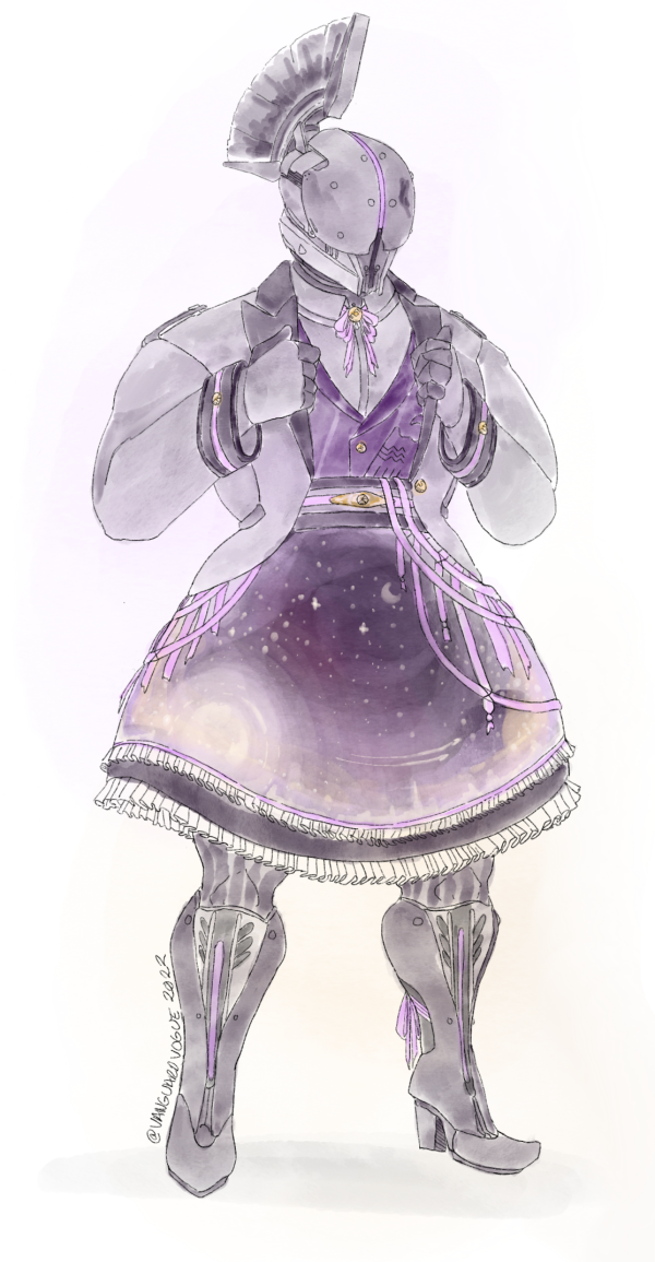 Artwork of Saint-14 from Destiny 2 dressed in formalwear. He wears a grey suit with a dazzling purple hoopskirt with a print reminiscent of the Last City and decorated in purple ribbons.