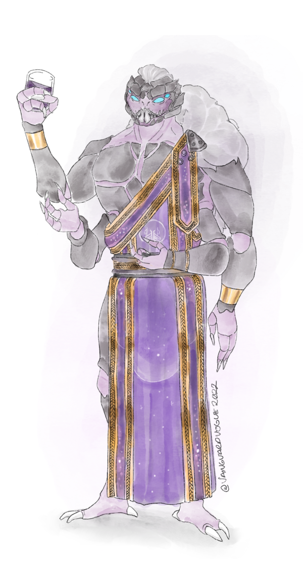 Artwork of Mithrax from Destiny 2 dressed in formalwear. He wears an purple Eliksni robe with a thick white fur trim.