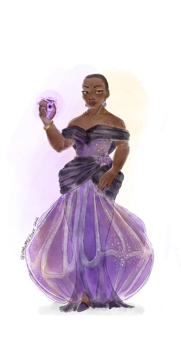 Artwork of Ikora Rey from Destiny 2 dressed in formalwear. She wears a dazzling purple dress and channeling the Void in her hand.