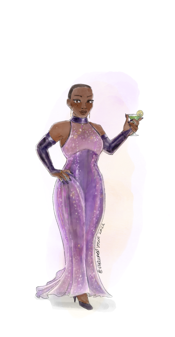 Alternative artwork of Ikora Rey from Destiny 2 dressed in formalwear. She wears a sparkling purple bodycon dress, dark purple gloves, and holds a green drink.