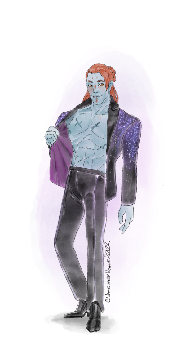 Artwork of a player Guardian, Soxkt, from Destiny 2 dressed in formalwear. They wear a sparkling purple suit with an open suit jacket, topless underneath.