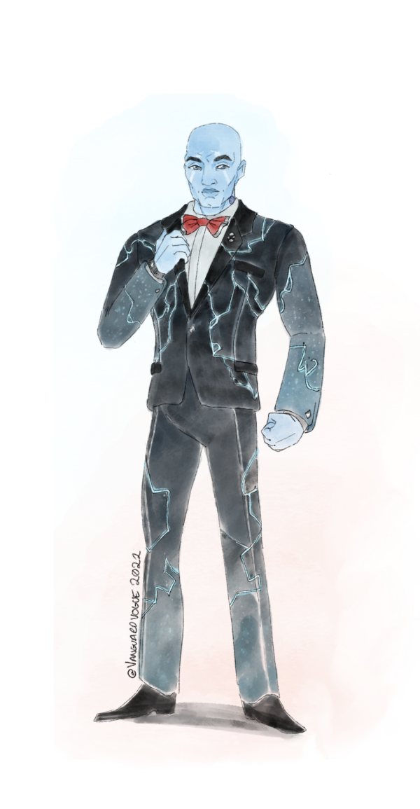 Artwork of Commander Zavala from Destiny 2 dressed in formalwear. He wears a black suit with blue-green lightning motifs.