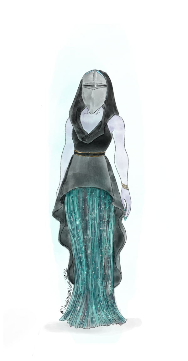 Artwork of an Awoken Hunter from Destiny 2 dressed in formalwear. They wear a black dress with a sparkling blue-greenskirt beneath.