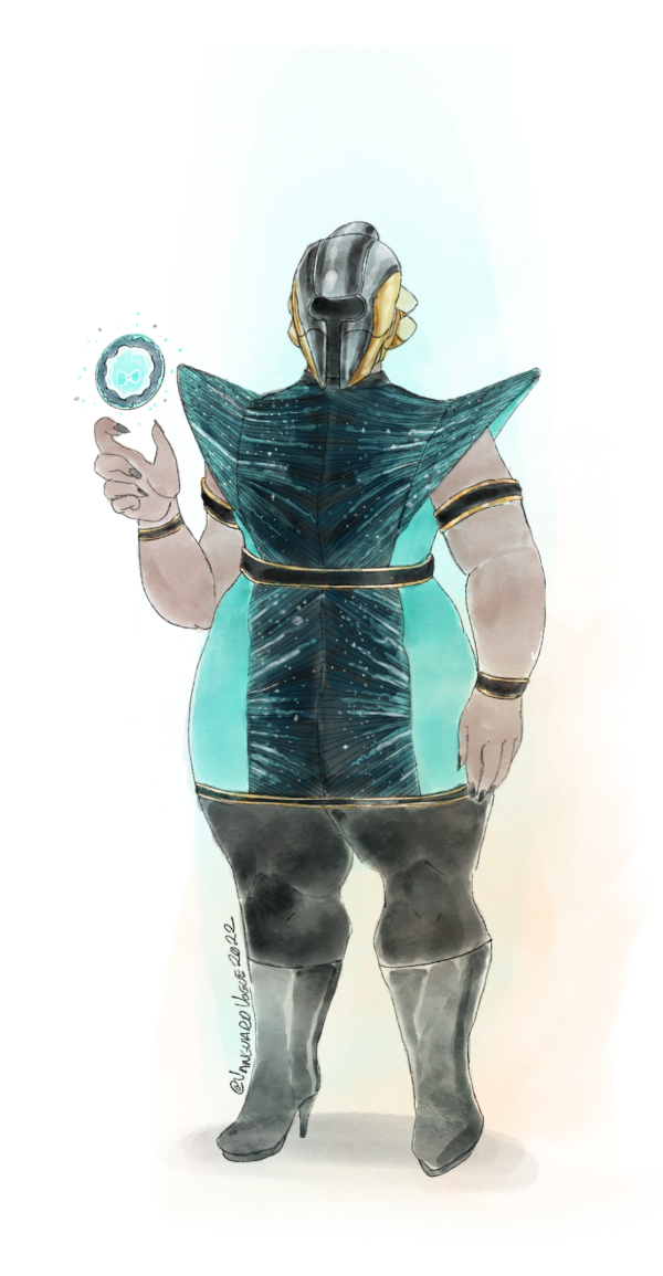 Artwork of a Human Warlock from Destiny 2 dressed in formalwear. They wear a short geometrical black dress with blue-green sides. By them is an Arc Soul with a little bowtie.