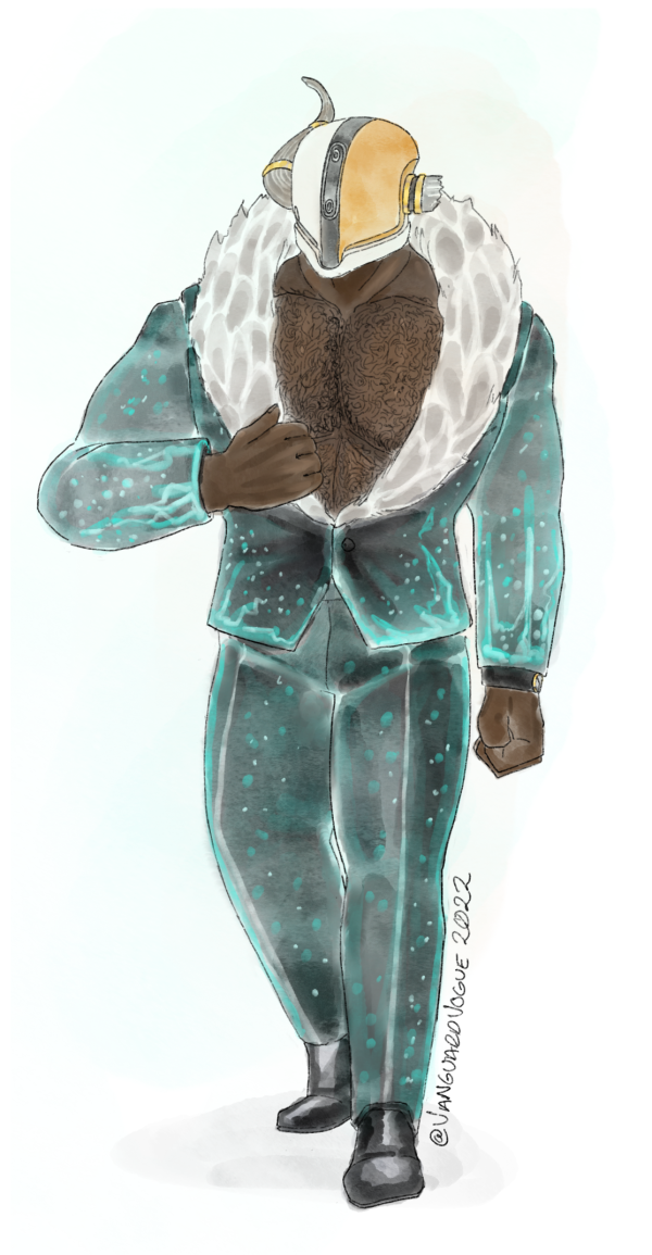 Artwork of Lord Shaxx from Destiny 2 dressed in formalwear. He wears a striking suit with blue-green electric motifs.
