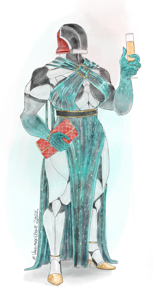 Artwork of an Exo Titan from Destiny 2 dressed in formalwear. She wears a shiny blue-green dress with matching gloves.