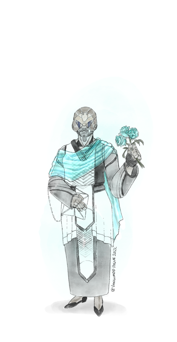 Artwork of a player Guardian, Physeter-9, from Destiny 2 dressed in formalwear. They wear an intricate white and black robe reminiscent of the Speaker, with a striking blue-green shawl. They hold a handful of roses.