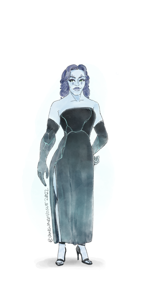Artwork of a player Guardian, Diana, from Destiny 2 dressed in formalwear. She wears a black sleeveless dress with blue-green lighting motifs, and matching gloves.