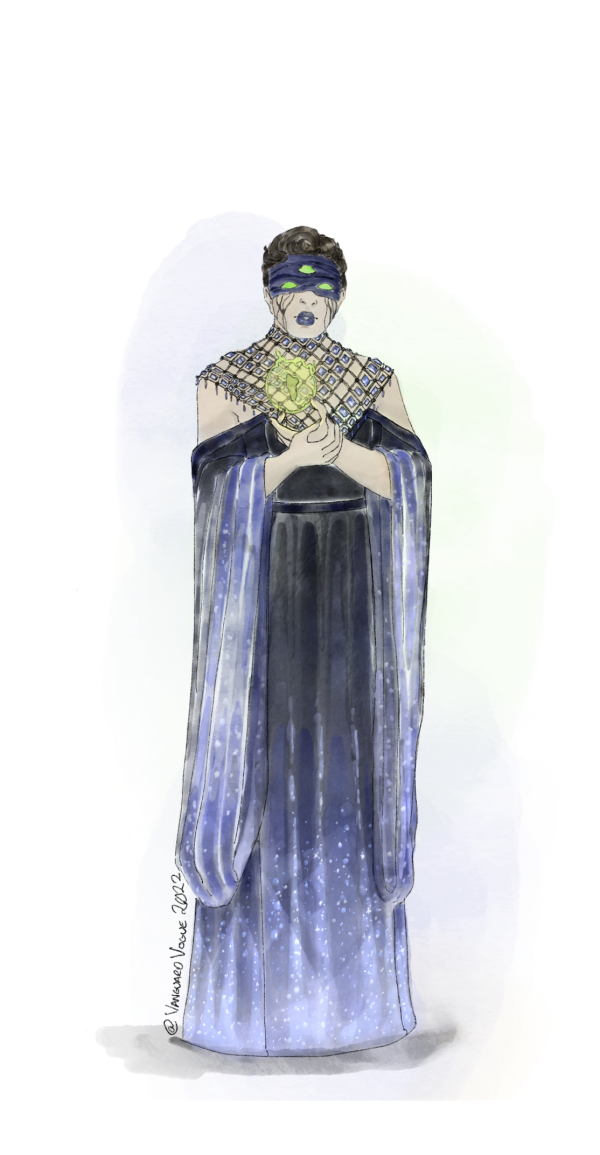 Artwork of Eris Morn from Destiny 2 dressed in formalwear. She wears a black dress with dark indigo ice motifs, with a beaded collar. She has short, dark curly hair.