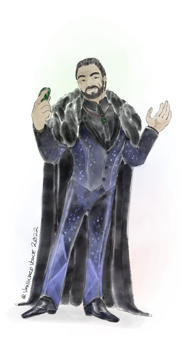 Artwork of The Drifter from Destiny 2 dressed in formalwear. He wears a black suit with dark indigo ice motifs, and a black cape with a blakc fur trim.