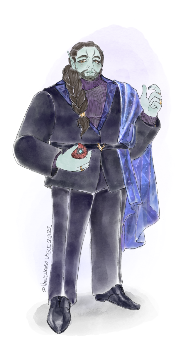 Artwork of a player Guardian, Alfredo, from Destiny 2 dressed in formalwear. He wears a black suit with icy dark indigo motifs and a dazzling icy shawl. He holds his Ghost in his hand, with a carnation shell.