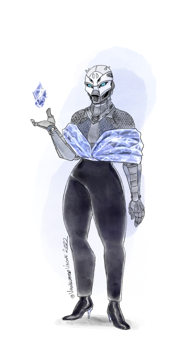 Artwork of Elsie Bray from Destiny 2 dressed in formalwear. She wears a one-piece with an icy top half and black bottom half.