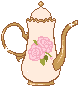 An image of a white teapot with gold trim and the image of two pink roses on it.