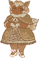 An image of a woman dressed to look like the Pokemon Eevee. She wears a frilly brown dress and white bows on her ears.
