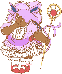 An image of a woman dressed to look like the Pokemon Espeon. She wears a frilly pink dress and witch hat, and holds a gold staff with a red gem.