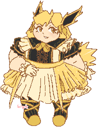 An image of a woman dressed to look like the Pokemon Jolteon. She wears a frilly black shirt and a yellow skirt.