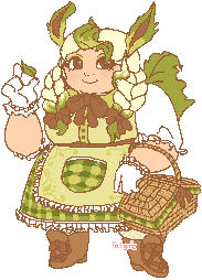 An image of a woman dressed to look like the Pokemon Leafeon. She wears a plaid green dress with a lighter green apron, and she is holding a woven basket.
