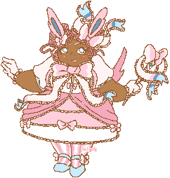 An image of a woman dressed to look like the Pokemon Sylveon. She wears a frilly pink dress and holds a wand with a big ribbon on top.