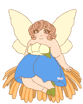 An image of a fairy sitting on an orange flower. She has a blue flower petal dress and light yellow wings.