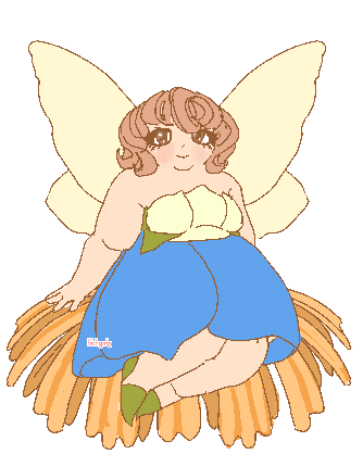An image of a fairy sitting on an orange flower. She has a blue flower petal dress and light yellow wings.