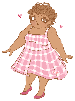 A girl with curly brown hair and a pink plaid dress. Two hearts move around her.